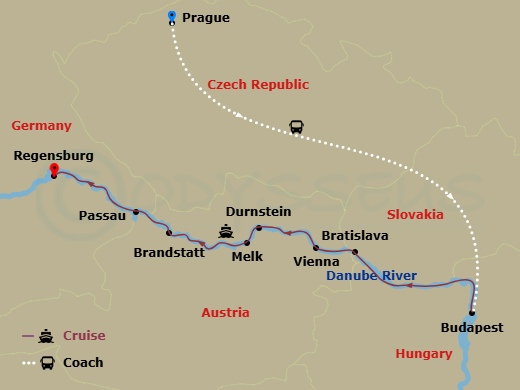 Scenic Amber - 10 Night - Danube Christmas Markets with Prague - Scenic Amber - Starting in Prague, Prague / Budapest, Budapest, Bratislava, Vienna, Durnstein / Melk, Brands.. itinerary map