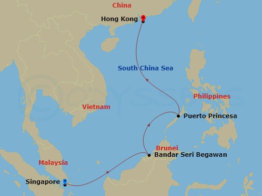 Costa Serena - 7 Night - Far East from Singapore - Costa Serena - Starting in Singapore, Bandar Seri Begawan, Brunei, Puerto Princesa, Hong Kong itinerary map