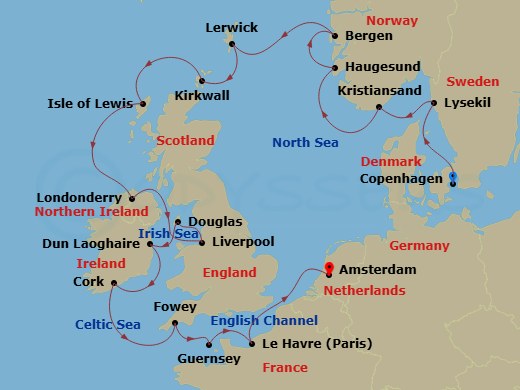 Crystal Serenity - 18 Night - Baltic & Northern Europe - Crystal Serenity - Starting in Copenhagen, Lysekil, Kristiansand, Haugesund, Bergen, Lerwick, Kirkwall, Lewis and Harris.. itinerary map