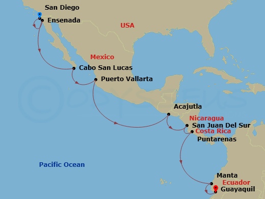 Crystal Symphony - 12 Night - The Americas & Caribbean - Crystal Symphony - Starting in San Diego, California, Ensenada, Cabo San Lucas (Baja California Sur), Puerto Vallarta, A.. itinerary map