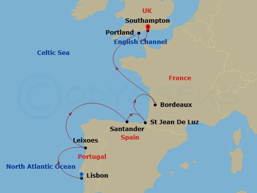 Crystal Serenity - 10 Night - Baltic & Northern Europe - Crystal Serenity - Starting in Lisbon, Oporto (Leixoes), Santander, Saint-Jean-de-Luz, Bordeaux, Portland UK, Southampton itinerary map