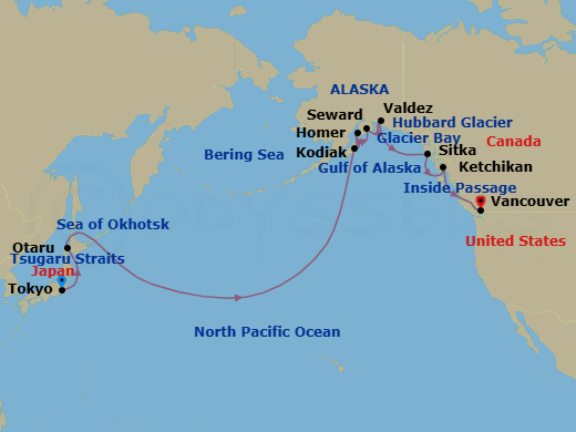 21 Night - North Pacific Passage - Viking Orion - Starting in Tokyo, Scenic Sailing : Tsugaro Strait, Sapporo (Otaru), Sail the Okhotsk Sea, Sail the North Pacific Ocean, Crossing International Dateline / East, Sail the Bering Sea, Scenic Sailing : Gulf of Alaska, Kodiak, Alaska, Homer, Seward, Alaska, Valdez, Alaska, Scenic Sailing : Hubbard Glacier, Scenic Sailing : Glacier Bay, Sitka, Alaska, Ketchikan, Alaska, Scenic Sailing : the Inside Passage, Vancouver, British Columbia itinerary map