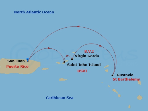 Ilma - 4 Night - San Juan / San Juan - Ilma - Starting in San Juan, St John VI, Virgin Gorda, Gustavia, San Juan itinerary map