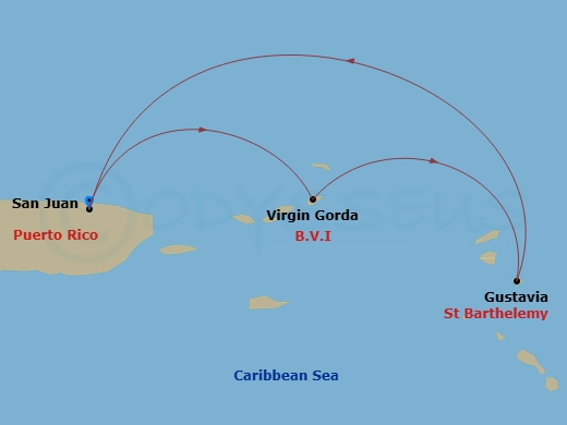 Ilma - 3 Night - San Juan / San Juan - Ilma - Starting in San Juan, Virgin Gorda, Gustavia, San Juan itinerary map