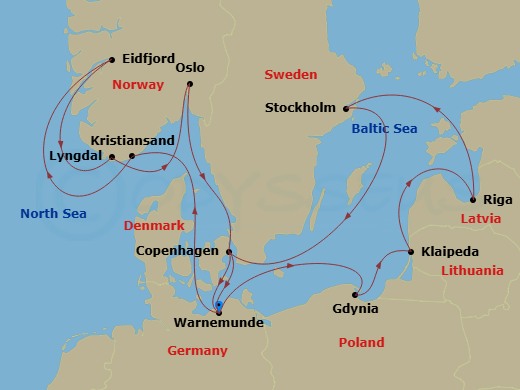 MSC Magnifica - 14 Night - Northern Europe - MSC Magnifica - Starting in Warnemunde (Berlin), Germany, Gdynia (Gdansk), Poland, Klaipeda, Lithuania, Riga, Latvia, Stockholm,.. itinerary map