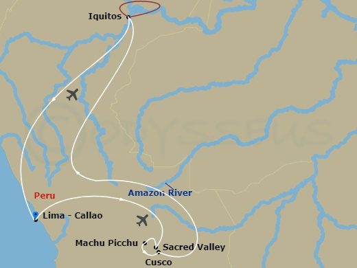 Delfin III - 10 Night - From the Inca Empire to the Peruvian Amazon - Delfin III - Starting in Lima, Peru, Lima, Sacred Valley, Machu Picchu, Cusco, Cusco / Lima / Iquitos.. itinerary map