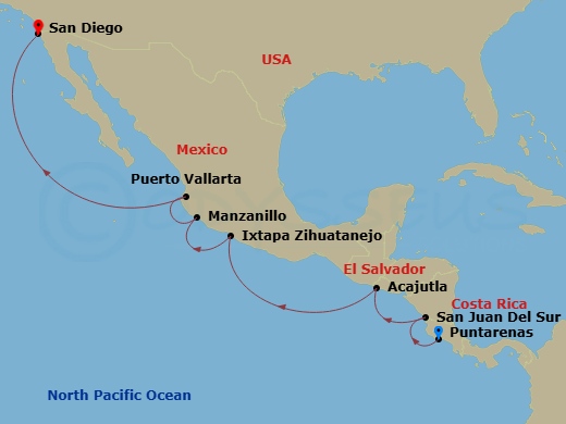 Crystal Serenity - 9 Night - The Americas & Caribbean - Crystal Serenity - Starting in Puerto Caldera, San Juan del Sur, Acajutla, Zihuatanejo, Manzanillo, Puerto Vallarta, San.. itinerary map