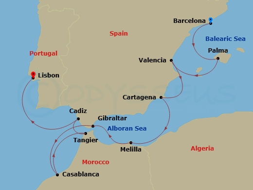 Crystal Serenity - 10 Night - Europe & Mediterranean - Crystal Serenity - Starting in Barcelona, Palma De Mallorca, Alicante, Cartagena ES, Spain, Melilla, Gibraltar, Casablanca.. itinerary map