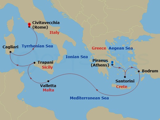 Crystal Serenity - 7 Night - Europe & Mediterranean - Crystal Serenity - Starting in Athens (Piraeus), Santorini, Bodrum, Valletta, Trapani, Cagliari (Sardinia), Civitavecchia (.. itinerary map
