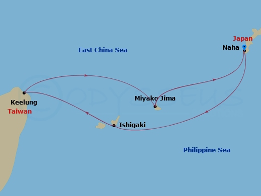 MSC Bellissima - 5 Night - Far East - MSC Bellissima - Starting in Naha (Okinawa), Japan, Ishigaki, Japan, Keelung (Taipei) Taiwan, China, Miyako Island, Japan, Naha (Okinawa).. itinerary map