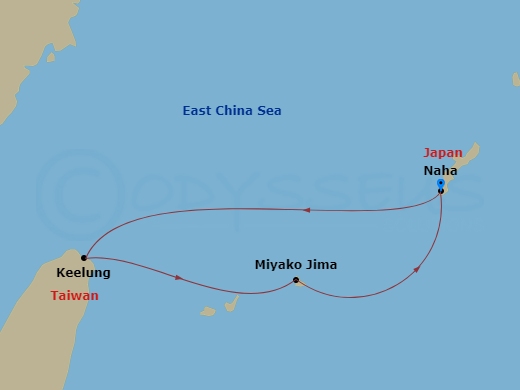 MSC Bellissima - 4 Night - Far East - MSC Bellissima - Starting in Naha (Okinawa), Japan, Keelung (Taipei) Taiwan, China, Miyako Island, Japan, Naha (Okinawa), Japan itinerary map