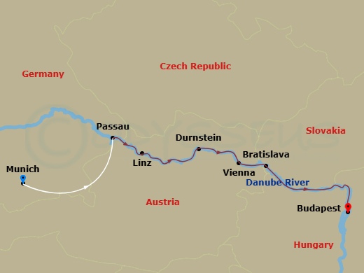 Emerald Sky - 7 Night - Christmas Markets On the Danube - Emerald Sky - Starting in Munich / Passau, Passau, Linz, Durnstein, Vienna, Bratislava, Budapest itinerary map