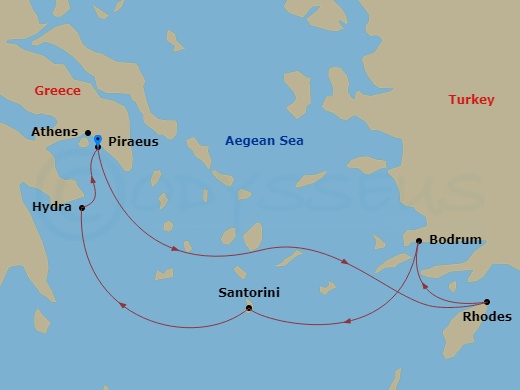 Star Flyer - 7 Night - Southern Cyclades - Star Flyer - Starting in Piraeus (Port of Athens), Greece, Rhodes, Greece, Bodrum, Turkey, Dalyan River, Turkey, Santorini, Gree.. itinerary map