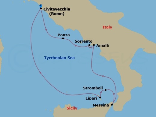 7 Night - Amalfi Coast & Sicily - Star Clipper - Starting in Civitavecchia (Port for Rome), Italy, Lipari / Aeolian Islands, Italy, Stromboli, Italy (Sailing in Area), Messina, Sicily, Italy, Amalfi, Italy, Sorrento, Italy, Ponza / Pontine Islands, Italy, Civitavecchia (Port for Rome), Italy itinerary map