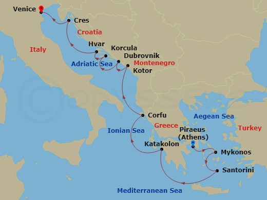 Star Clipper - 11 Night - Greece, Montenegro, Croatia - Star Clipper - Starting in Piraeus (Port of Athens), Greece, Mykonos, Greece, Santorini, Greece, Katakolon, Greece, C.. itinerary map