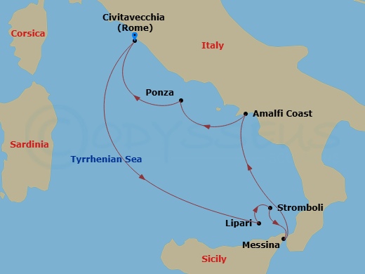 Star Clipper - 6 Night - Amalfi & Sicily - Star Clipper - Starting in Civitavecchia (Port for Rome), Italy, Lipari / Aeolian Islands, Italy, Stromboli, Italy (Sailing in Are.. itinerary map