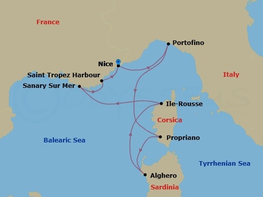 7 Night - Corsica & French Riviera - Royal Clipper - Starting in Nice, France, Portofino, Italy, Propriano / Corsica, France, Alghero / Sardinia, Italy, Lile-Rousse / Corsica, France, Sanary-sur-Mer, France, St Tropez, France, Nice, France itinerary map