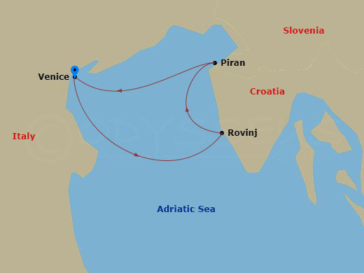 Royal Clipper - 3 Night - Croatia & Slovenia - Royal Clipper - Starting in Venice, Italy, Rovinj, Croatia, Piran, Slovenia, Venice, Italy itinerary map