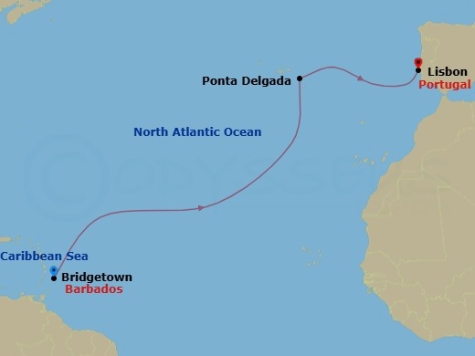 16 Night - Eastbound Atlantic Ocean Crossing - Royal Clipper - Starting in Bridgetown, Barbados, Ponta Delgada, Azores, Portugal, Lisbon, Portugal itinerary map