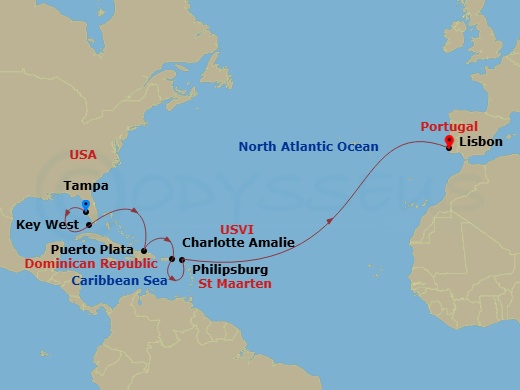 NCL Norwegian Star - 13 Night - Repo - Transatlantic - NCL Norwegian Star - Starting in Tampa, Fl, Key West, FL, Puerto Plata, Dominican Republic, St Thomas, Vi, Philipsburg, St M.. itinerary map