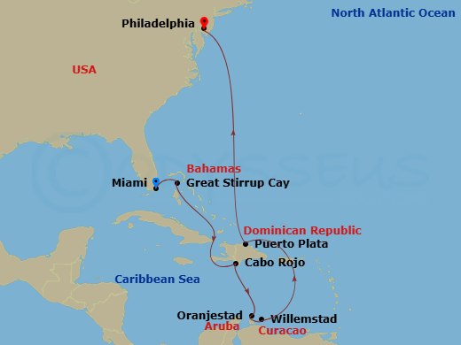 NCL Norwegian Jewel - 10 Night - Caribbean - NCL Norwegian Jewel - Starting in Miami, Fl, Great Stirrup Cay, Bahamas, Cabo Rojo, Dominican Republic, Oranjestad, Aruba, Willemstad A.. itinerary map
