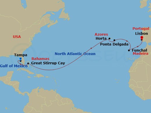 NCL Norwegian Dawn - 14 Night - Repo - Transatlantic - NCL Norwegian Dawn - Starting in Tampa, Fl, Great Stirrup Cay, Bahamas, Horta, Azores, Portugal, Ponta Delgada, Portugal, Fu.. itinerary map