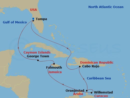NCL Norwegian Star - 10 Night - Southern Caribbean - Tampa - NCL Norwegian Star - Starting in Tampa, Fl, Cabo Rojo, Dominican Republic, Oranjestad, Aruba, Willemstad AN, Netherlan.. itinerary map