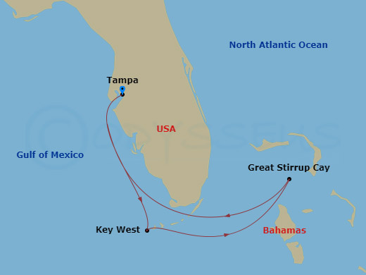 NCL Norwegian Star - 4 Night - Bahamas - Short - NCL Norwegian Star - Starting in Tampa, Fl, Key West, FL, Great Stirrup Cay, Bahamas, Tampa, Fl itinerary map