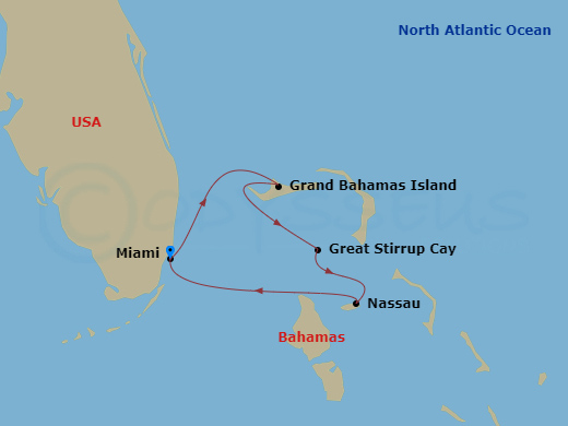 NCL Norwegian Jewel - 4 Night - Bahamas - Short - NCL Norwegian Jewel - Starting in Miami, Fl, Grand Bahama Island, Bahamas, Great Stirrup Cay, Bahamas, Nassau, Bahamas, Miami, Fl itinerary map