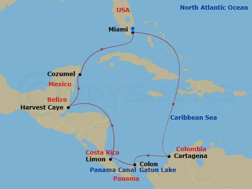 NCL Norwegian Jewel - 10 Night - Panama Canal - Miami - NCL Norwegian Jewel - Starting in Miami, Fl, Cartagena CO, Panama Canal Gatun Lake, Panama, Colon, Panama, Puerto Limon, Cos.. itinerary map