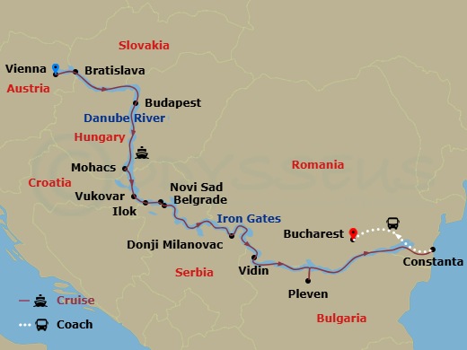 Viking Rinda Cruise Tours - 16 Night - Capitals of Eastern Europe - Viking Rinda Cruise Tours - Starting in Vienna, Bratislava, Scenic Sailing : Danube Bend, Budapest, Mohacs, Vukovar, I.. itinerary map