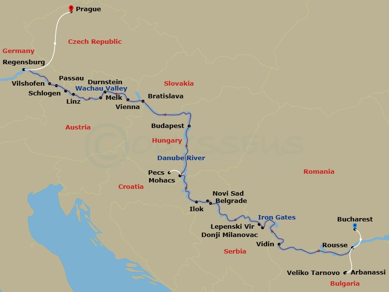 Avalon Passion Cruise Tours - 18 Night - The Danube from Romania to Germany with in Bucharest & in Prague - Avalon Passion Cruise Tours - Starting in Bucharest, Romania, Bucharest, Rousse,.. itinerary map