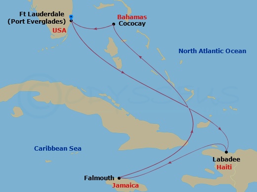 RCL Allure of the Seas - 6 Night - Western Caribbean Cruise - RCL Allure of the Seas - Starting in Fort Lauderdale, Florida, Labadee, Haiti, Falmouth, Jamaica, Perfect Day Cococay, Ba.. itinerary map