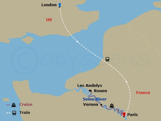 Viking Radgrid Cruise Tours - 11 Night - London, Paris & D-Day - Viking Radgrid Cruise Tours - Starting in London, Paris, Vernon, Scenic Sailing : Seine River, Rouen, Les Andelys, Paris (L.. itinerary map