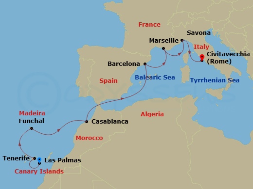 Costa Fortuna - 9 Night - Western Mediterranean from Las Palmas - Costa Fortuna - Starting in Las Palmas, Santa Cruz de Tenerife, Funchal, Casablanca, Barcelona, Marseille, S.. itinerary map