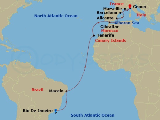 MSC Seaview - 16 Night - Msc Grand Voyages - MSC Seaview - Starting in Rio De Janeiro, Brazil, Maceio, Brazil, Santa Cruz de Tenerife, Gibraltar, Alicante, Spain, Barcelona.. itinerary map