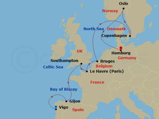 10 Night - Vgo - MSC Preziosa - Starting in Vigo (Santiago De Compostela), Spain, Gijon, Spain, Southampton (London), United Kingdom, Le Havre (Paris), France, Zeebrugge (Bruges), Belgium, Copenhagen, Denmark, Oslo, Norway, Hamburg, Germany itinerary map