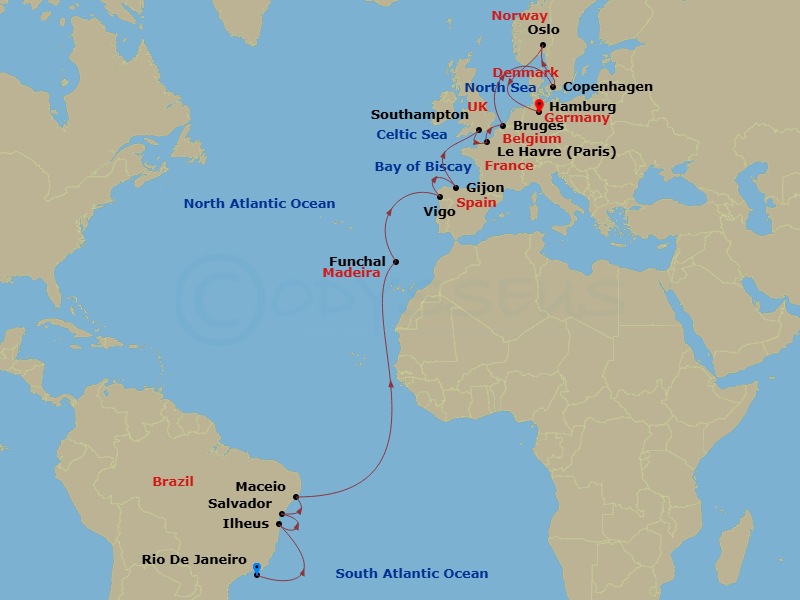 MSC Preziosa - 23 Night - Msc Grand Voyages - MSC Preziosa - Starting in Rio De Janeiro, Brazil, Ilheus, Brazil, Salvador, Brazil, Maceio, Brazil, Funchal (Madeira Islands),.. itinerary map