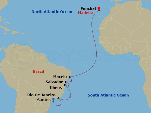 MSC Preziosa - 12 Night - Ssz - MSC Preziosa - Starting in Santos (Sao Paulo), Brazil, Rio De Janeiro, Brazil, Ilheus, Brazil, Salvador, Brazil, Maceio, Brazil, Funchal (Mad.. itinerary map