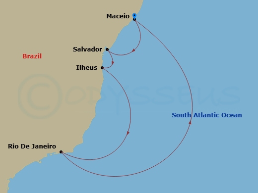 MSC Armonia - 7 Night - Mcz - MSC Armonia - Starting in Maceio, Brazil, Salvador, Brazil, Ilheus, Brazil, Rio De Janeiro, Brazil, Maceio, Brazil itinerary map