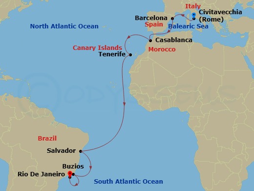 MSC Armonia - 16 Night - Msc Grand Voyages - MSC Armonia - Starting in Civitavecchia (Rome), Italy, Barcelona, Spain, Casablanca (Marrakesh), Morocco, Santa Cruz de Tenerif.. itinerary map