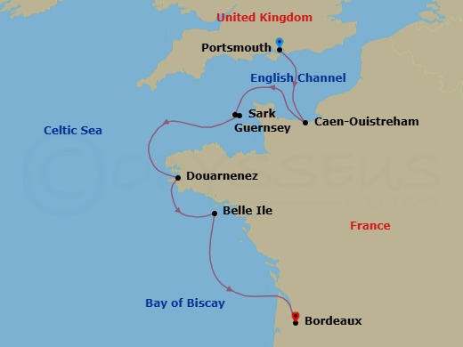 7 Night - Cruise from Portsmouth to Bordeaux - SeaDream I - Starting in Portsmouth UK, Caen (Ouistreham), Normandy, Guernsey, Channel Islands, Sark, Channel Islands, Douarnenez, Belle Ile, Bordeaux itinerary map