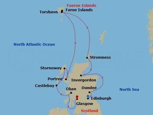 11 Night - Cruise from Edinburgh to Glasgow - SeaDream I - Starting in Edinburgh (Leith), Scotland, Dundee, Scotland, Invergordon, Scotland, Stromness, Orkney, Scotland, Torshavn, Vagur, Faroe Islands, Portree, Isle of Skye, Scotland, Stornoway, Isle of Lewis, Scotland, Castlebay, Isle of Barra, Scotland, Oban UK, Scotland, Glasgow (Troon) itinerary map