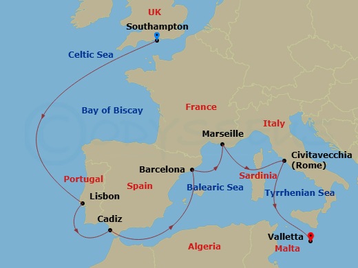 MSC Poesia - 10 Night - Northern Europe - MSC Poesia - Starting in Southampton (London), United Kingdom, Lisbon (Cascais), Portugal, Cadiz (Seville), Spain, Barcelona, Spa.. itinerary map