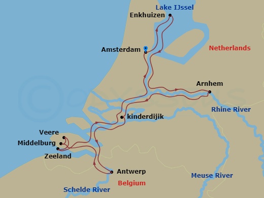 Viking Ve - 9 Night - Tulips & Windmills - Viking Ve - Starting in Amsterdam, Ijsselmeer Scenic Sailing, Enkhuizen, Arnhem, Kinderdijk, Antwerp, Middelburg, Veere, Zeelan.. itinerary map