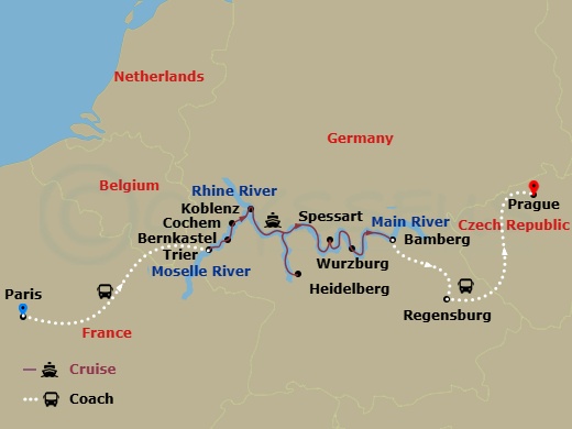 Viking Idi Cruise Tours - 11 Night - Cities of Light - Viking Idi Cruise Tours - Starting in Paris, Trier, Bernkastel, Cochem, Koblenz, Middle Rhine Scenic Sailing, Heidelberg, Scenic.. itinerary map