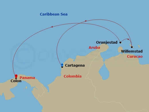 RCL Serenade of the Seas - 6 Night - Southern Caribbean Cruise - RCL Serenade of the Seas - Starting in Cartagena CO, Willemstad AN, Curacao, Oranjestad, Aruba, Colon, Panama itinerary map