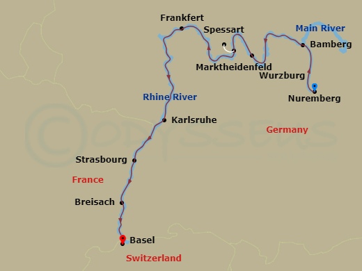 Viking Skirnir - 10 Night - Rhine & Main Explorer - Viking Skirnir - Starting in Nuremberg, Bamberg, Wurzburg, Marktheidenfeld, Scenic Sailing Main River, Frankfurt, Karlsruhe.. itinerary map