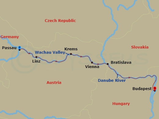 Viking Skadi - 7 Night - Danube Waltz - Viking Skadi - Starting in Passau, Linz, Scenic Sailing Wachau Valley, Krems, Vienna, Bratislava, Scenic Sailing Danube Bend, Budapest itinerary map