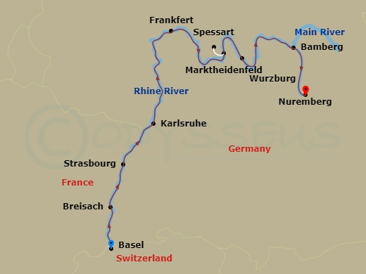 Viking Modi - 10 Night - Rhine & Main Explorer - Viking Modi - Starting in Basel, Breisach, Strasbourg, Karlsruhe, Frankfurt, Scenic Sailing Main River, Marktheidenfeld, Wu.. itinerary map
